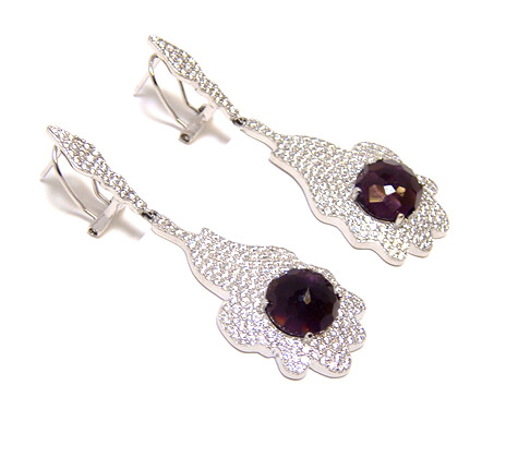 Simulated Amethyst And Diamond Drop Earrings, 925 Sterling Silver, Platinum Plate