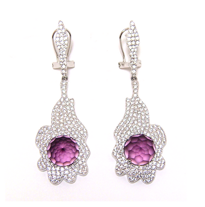 Simulated Amethyst And Diamond Drop Earrings, 925 Sterling Silver, Platinum Plate