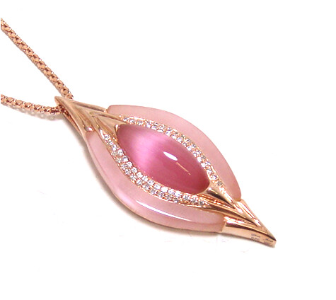 925 Sterling Silver Pink Cat's Eye Quartz Drop Pendant, Rose Gold