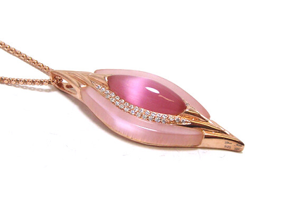 925 Sterling Silver Pink Cat's Eye Quartz Drop Pendant, Rose Gold