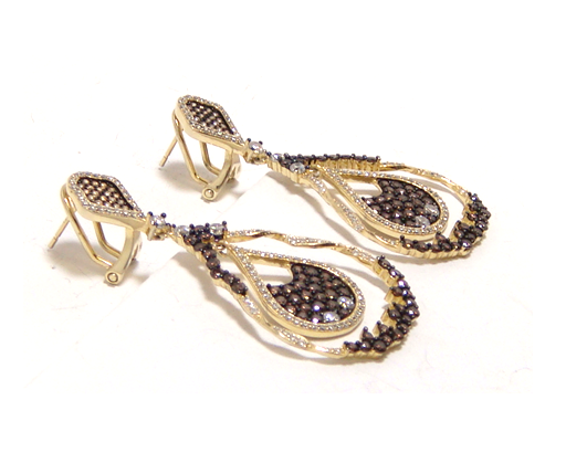 White & Brown Diamond Simulated, Vintage-Style Drop Earrings in Sterling Silver, Yellow Gold