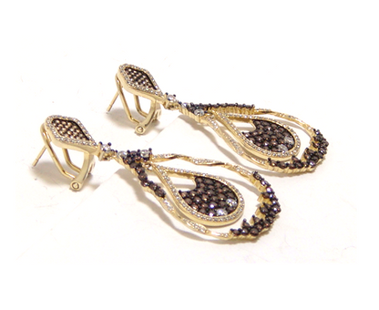 White & Brown Diamond Simulated, Vintage-Style Drop Earrings in Sterling Silver, Yellow Gold