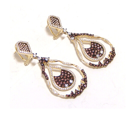 White & Brown Diamond Simulated, Vintage-Style Drop Earrings in Sterling Silver, Yellow Gold