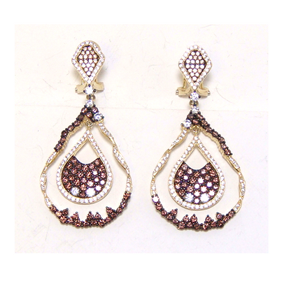 White & Brown Diamond Simulated, Vintage-Style Drop Earrings in Sterling Silver, Yellow Gold