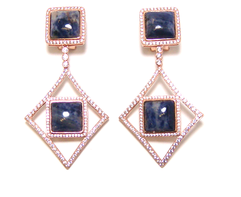 Sodalite Diamond Shape Dangle Earrings, 925 Sterling Silver Rose Gold