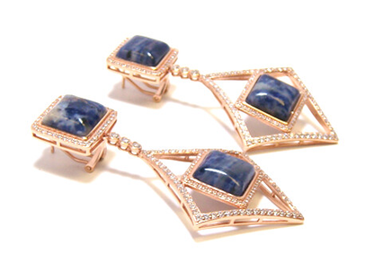 Sodalite Diamond Shape Dangle Earrings, 925 Sterling Silver Rose Gold