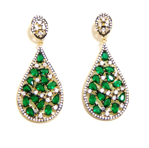 925 Sterling Silver Emerald Cz Color Drop Dangle Earrings, Yellow Gold