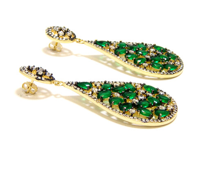 925 Sterling Silver Emerald Cz Color Drop Dangle Earrings, Yellow Gold