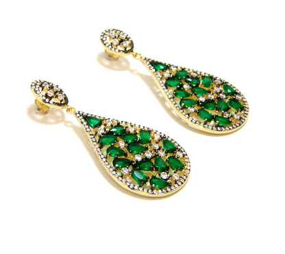 925 Sterling Silver Emerald Cz Color Drop Dangle Earrings, Yellow Gold