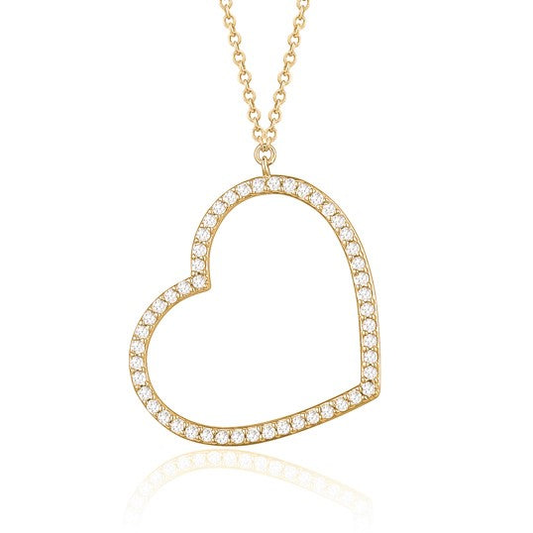 14K Yellow Gold Heart Pendant Necklace Sideways Outline with Simulated Diamonds Italy