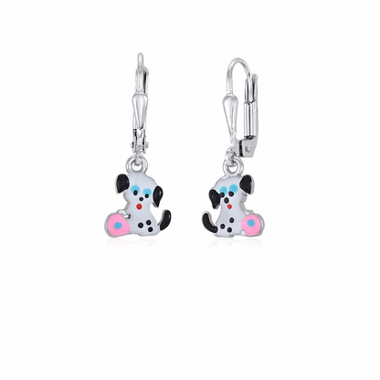 Children's Sterling Silver 925 Cute Dalmatian Puppy Earrings Leverback Dangle with Enamel