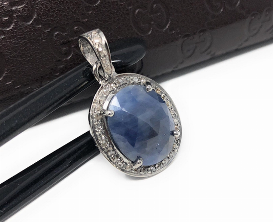 Natural Blue Sapphire Diamond Pendant, Silver Gemstone Pendant, Pave Diamond Pendant, Sterling Silver Pendant, Natural Gemstone Jewelry