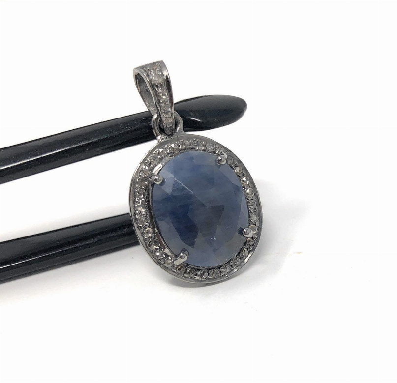 Natural Blue Sapphire Diamond Pendant, Silver Gemstone Pendant, Pave Diamond Pendant, Sterling Silver Pendant, Natural Gemstone Jewelry