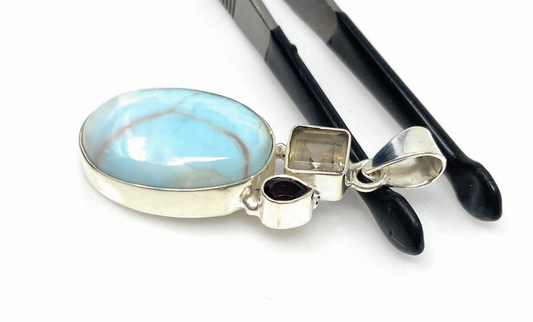 Natural Larimar with Garnet and Golden Rutile Gemstone Pendant, Sterling Silver Jewelry, Larimar Pendant, Bohemian Jewelry