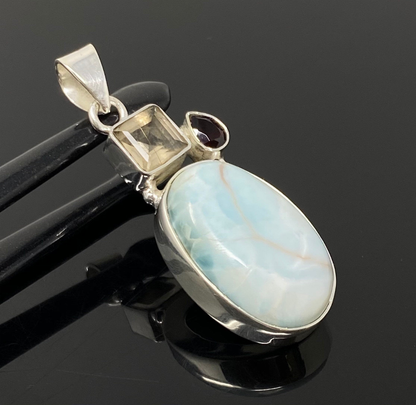 Natural Larimar with Garnet and Golden Rutile Gemstone Pendant, Sterling Silver Jewelry, Larimar Pendant, Bohemian Jewelry