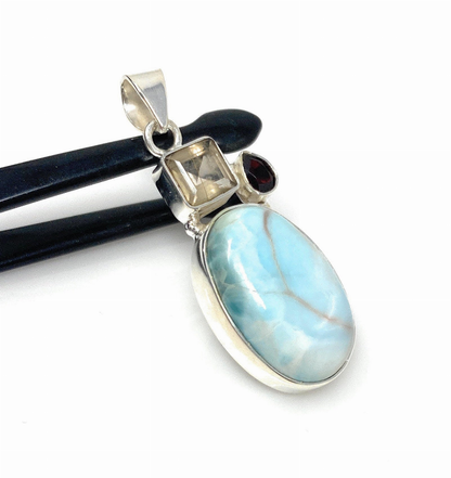 Natural Larimar with Garnet and Golden Rutile Gemstone Pendant, Sterling Silver Jewelry, Larimar Pendant, Bohemian Jewelry