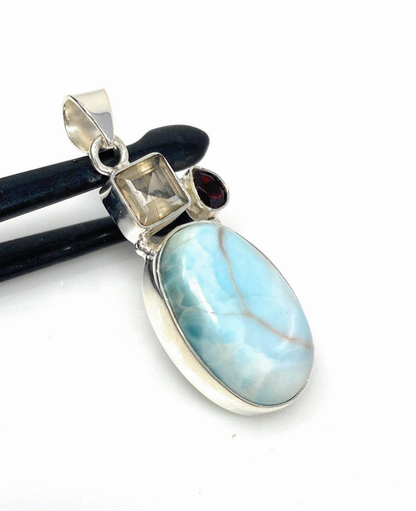 Natural Larimar with Garnet and Golden Rutile Gemstone Pendant, Sterling Silver Jewelry, Larimar Pendant, Bohemian Jewelry