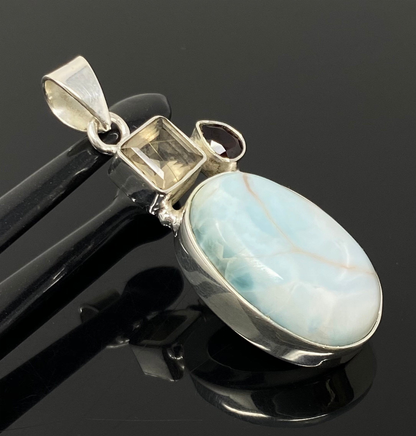 Natural Larimar with Garnet and Golden Rutile Gemstone Pendant, Sterling Silver Jewelry, Larimar Pendant, Bohemian Jewelry