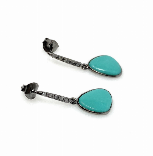 Natural Sleeping Beauty Turquoise Earrings, Pave Diamond Earrings, Victorian Gemstone Earrings, Robin Egg Turquoise, 1.20" x 0.45"