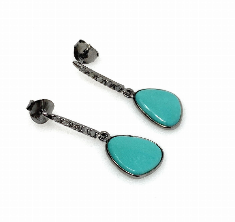 Natural Sleeping Beauty Turquoise Earrings, Pave Diamond Earrings, Victorian Gemstone Earrings, Robin Egg Turquoise, 1.20" x 0.45"