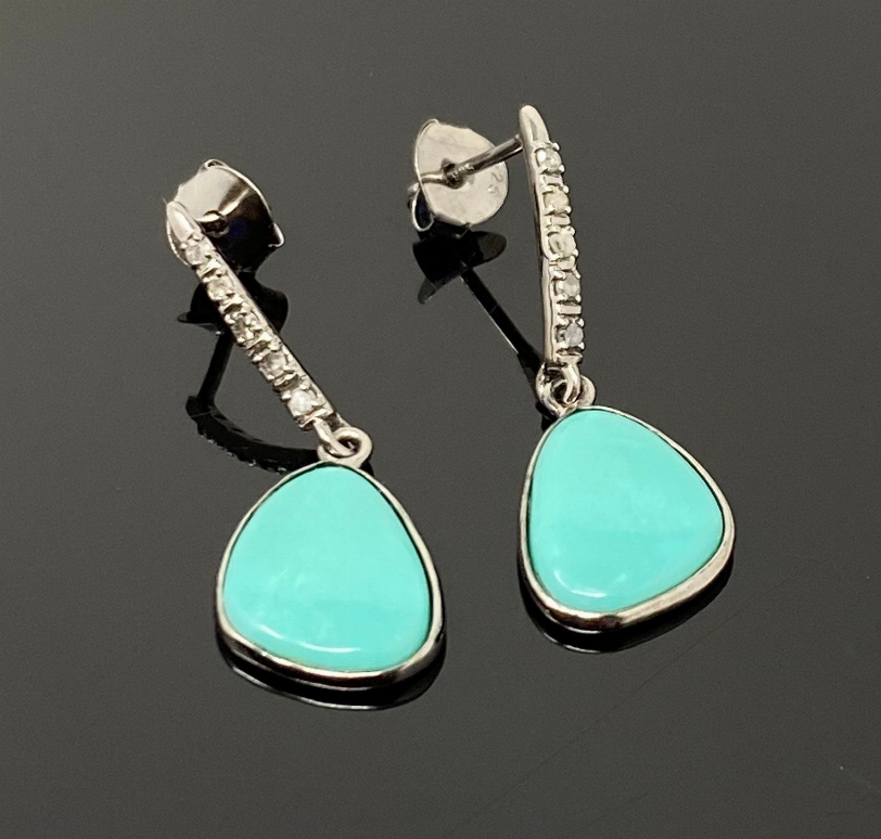 Natural Sleeping Beauty Turquoise Earrings, Pave Diamond Earrings, Victorian Gemstone Earrings, Robin Egg Turquoise, 1.20" x 0.45"