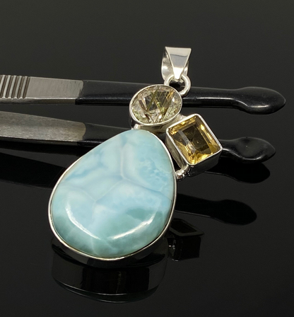 Gemstone Pendant - Larimar, Citrine and Golden Rutile, Bohemian Jewelry, Larimar Pendant, Sterling Silver Jewelry