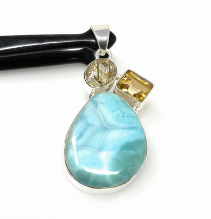 Gemstone Pendant - Larimar, Citrine and Golden Rutile, Bohemian Jewelry, Larimar Pendant, Sterling Silver Jewelry