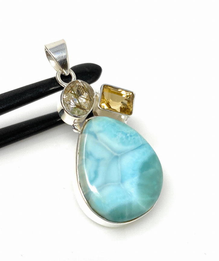 Gemstone Pendant - Larimar, Citrine and Golden Rutile, Bohemian Jewelry, Larimar Pendant, Sterling Silver Jewelry