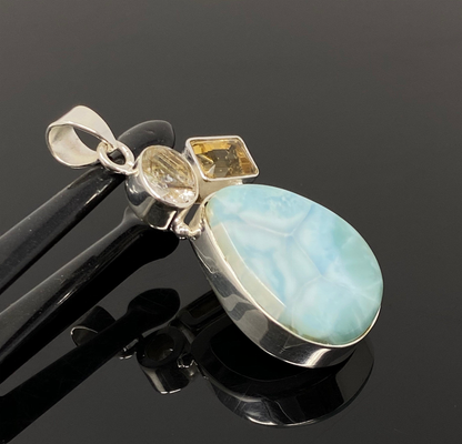 Gemstone Pendant - Larimar, Citrine and Golden Rutile, Bohemian Jewelry, Larimar Pendant, Sterling Silver Jewelry