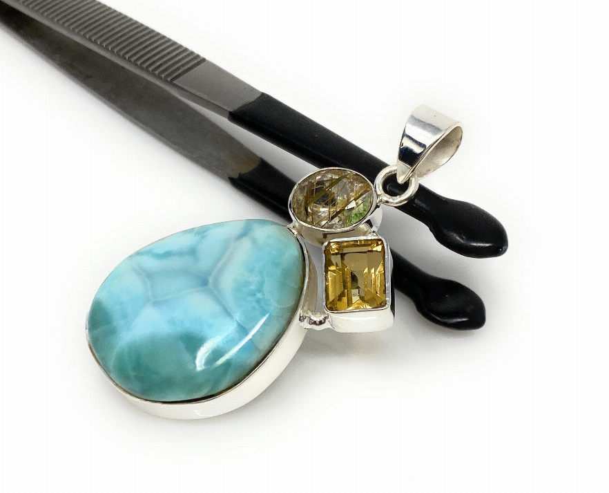 Gemstone Pendant - Larimar, Citrine and Golden Rutile, Bohemian Jewelry, Larimar Pendant, Sterling Silver Jewelry