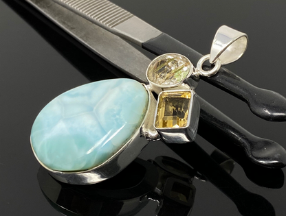 Gemstone Pendant - Larimar, Citrine and Golden Rutile, Bohemian Jewelry, Larimar Pendant, Sterling Silver Jewelry