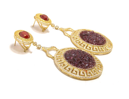 Garnet Circle Drop Designer Earrings , 925 Sterling Silver, Yellow Gold