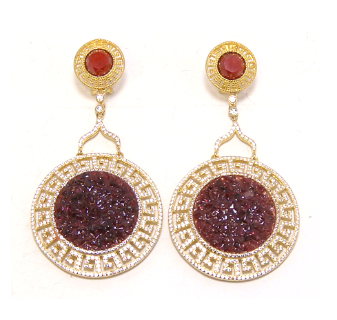 Garnet Circle Drop Designer Earrings , 925 Sterling Silver, Yellow Gold