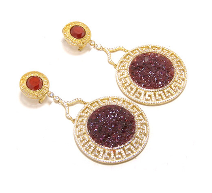 Garnet Circle Drop Designer Earrings , 925 Sterling Silver, Yellow Gold