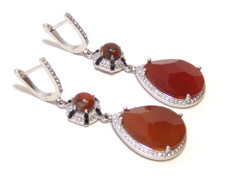 Red Agate and Red Jasper Drop Dangle Earrings, 925 Sterling Silver, Platinum Embraced