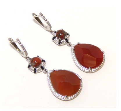 Red Agate and Red Jasper Drop Dangle Earrings, 925 Sterling Silver, Platinum Embraced