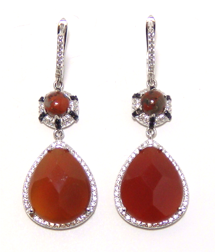 Red Agate and Red Jasper Drop Dangle Earrings, 925 Sterling Silver, Platinum Embraced