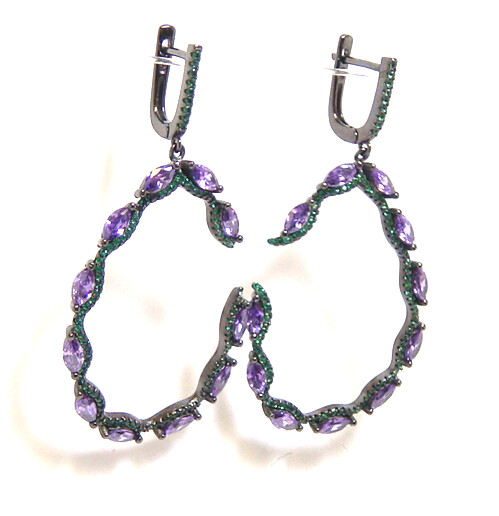 Amethyst & Emerald Simulated Drop Earrings in Sterling Silver, Black Gold