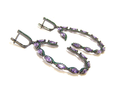 Amethyst & Emerald Simulated Drop Earrings in Sterling Silver, Black Gold