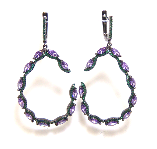 Amethyst & Emerald Simulated Drop Earrings in Sterling Silver, Black Gold