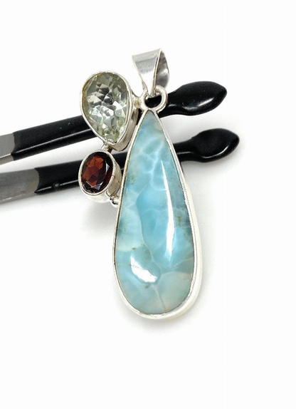 Gemstone Pendant - Larimar, Prasiolite and Garnet, Bohemian Jewelry, Larimar Pendant, Sterling Silver Jewelry