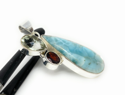 Gemstone Pendant - Larimar, Prasiolite and Garnet, Bohemian Jewelry, Larimar Pendant, Sterling Silver Jewelry