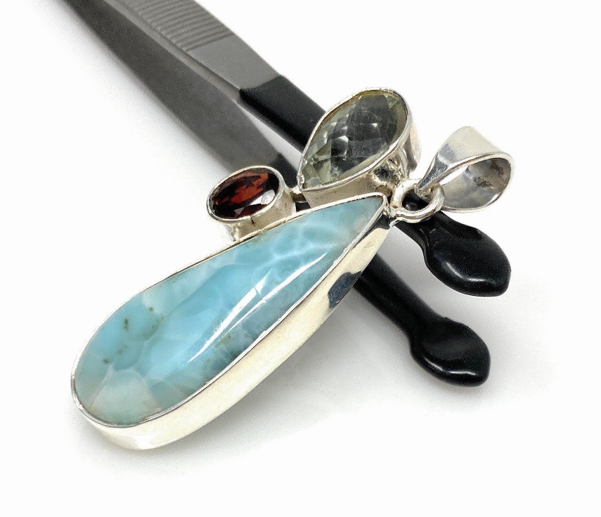 Gemstone Pendant - Larimar, Prasiolite and Garnet, Bohemian Jewelry, Larimar Pendant, Sterling Silver Jewelry