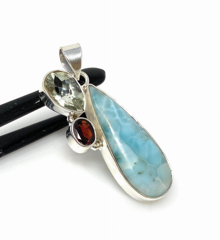 Gemstone Pendant - Larimar, Prasiolite and Garnet, Bohemian Jewelry, Larimar Pendant, Sterling Silver Jewelry