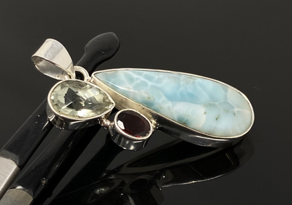 Gemstone Pendant - Larimar, Prasiolite and Garnet, Bohemian Jewelry, Larimar Pendant, Sterling Silver Jewelry