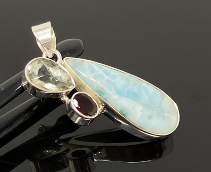 Gemstone Pendant - Larimar, Prasiolite and Garnet, Bohemian Jewelry, Larimar Pendant, Sterling Silver Jewelry