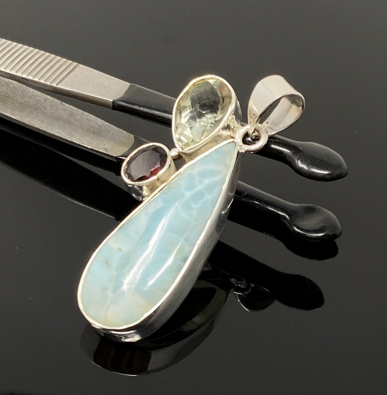 Gemstone Pendant - Larimar, Prasiolite and Garnet, Bohemian Jewelry, Larimar Pendant, Sterling Silver Jewelry