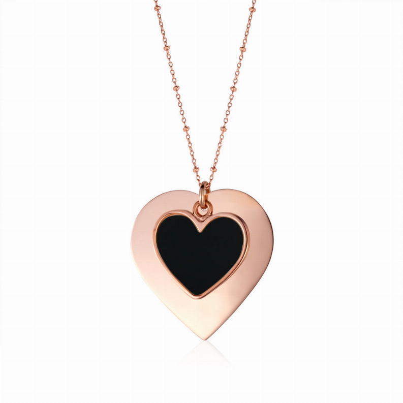 Sterling Silver Large Layered Double Heart Pendant Necklace Rose Gold Plated