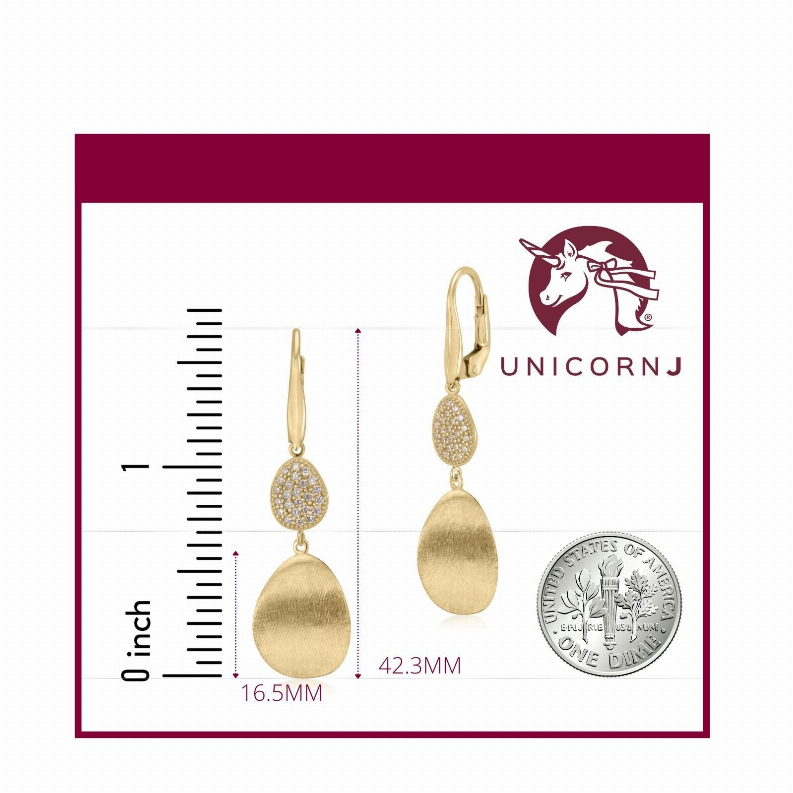 14K Yellow Gold Graduated Double Dangle Teardrop Brushed or Polished and Pave CZ Leverback Earrings