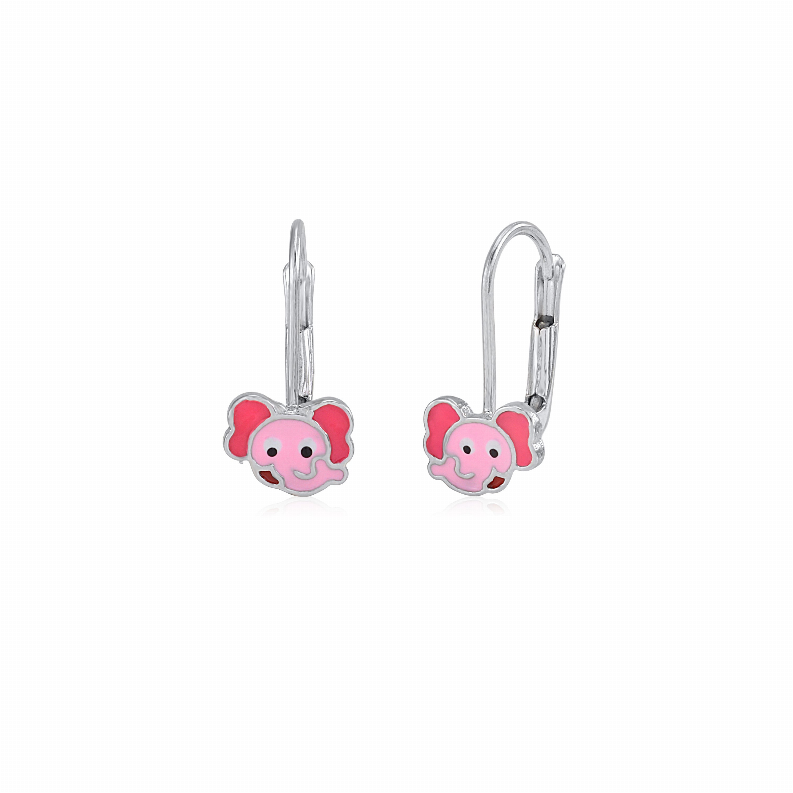 Children's Sterling Silver 925 Cute Elephant Earrings Leverback with Pink Enamel